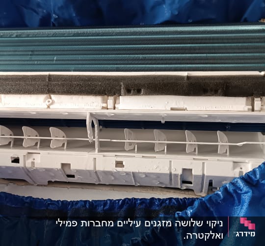 מזגן מפורק עם כיסוי כחול לניקוי